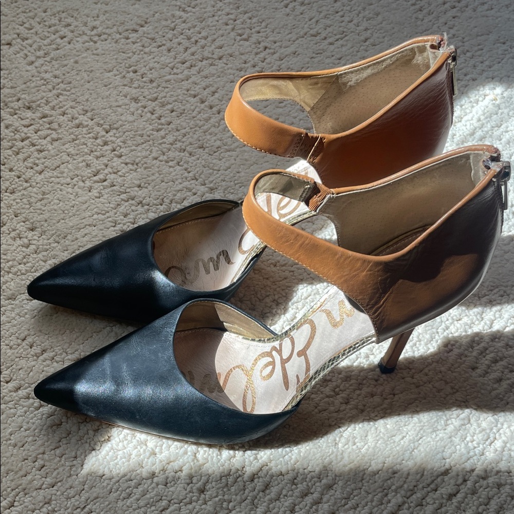 Sam Edelman Black and Tan Two-Tone Pointed-Toe Heels